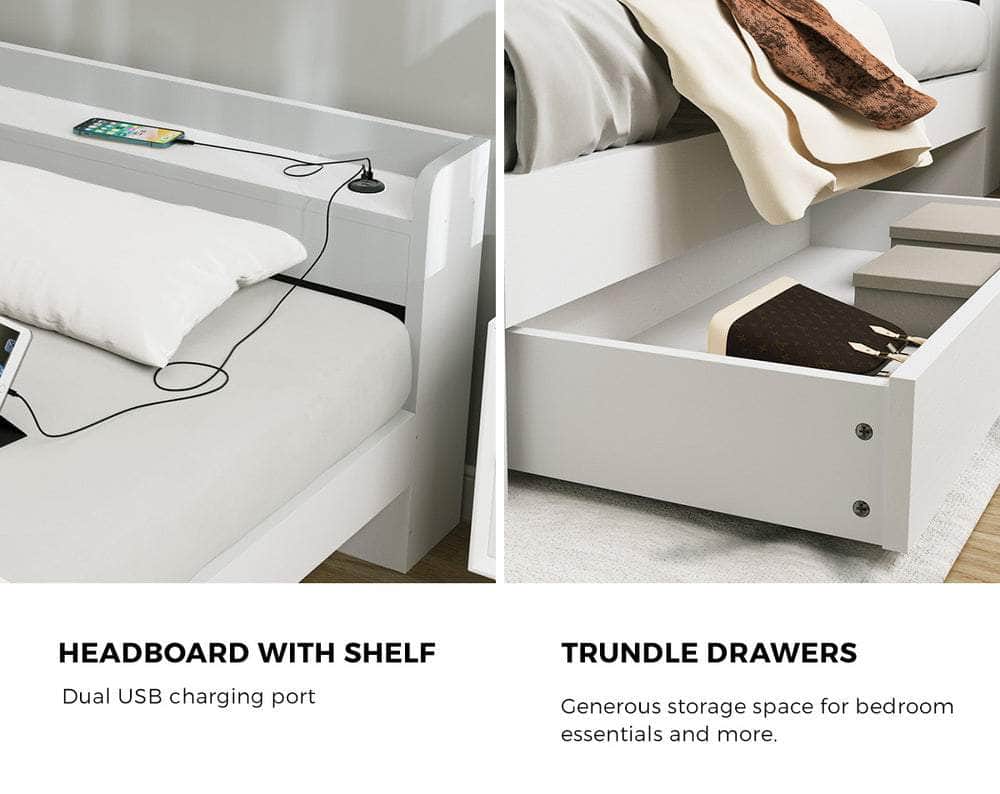 Single Queen King & Double Bed Frame with USB Charging Ports & 2 Storage Drawers Bedroom Furniture