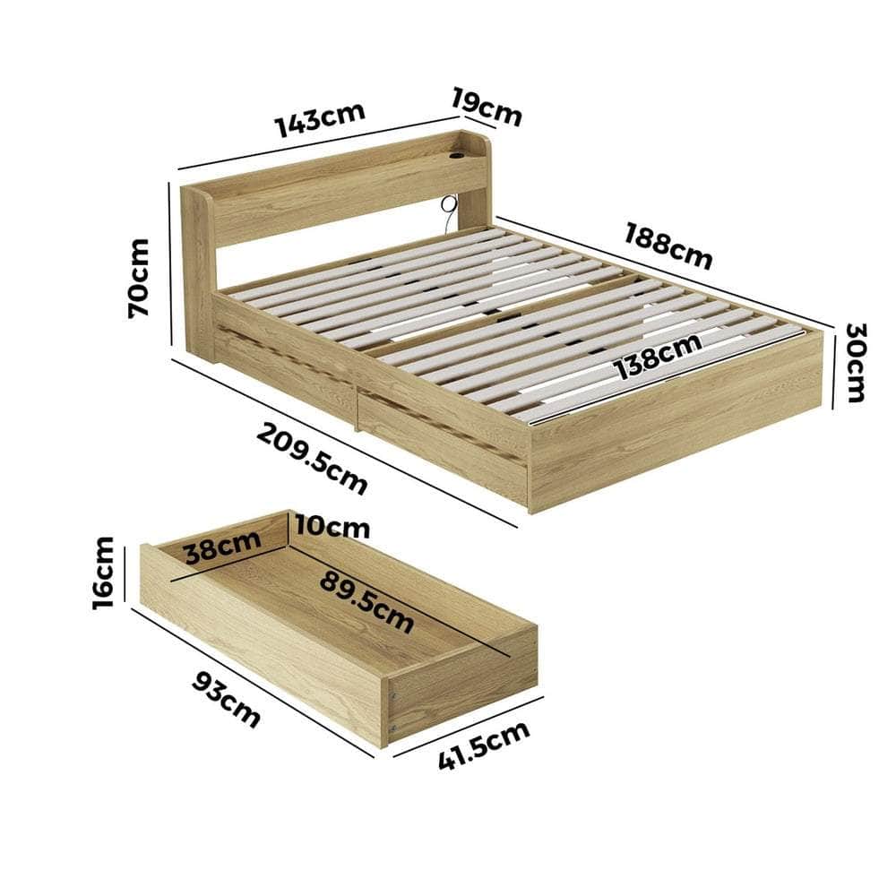 Single Queen King & Double Bed Frame with USB Charging Ports & 2 Storage Drawers Bedroom Furniture