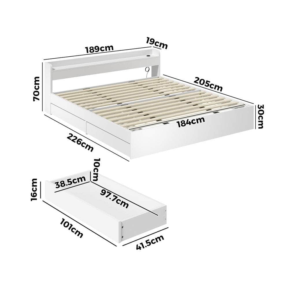 Single Queen King & Double Bed Frame with USB Charging Ports & 2 Storage Drawers Bedroom Furniture