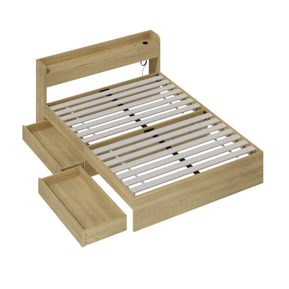 Single Queen King & Double Bed Frame with USB Charging Ports & 2 Storage Drawers Bedroom Furniture