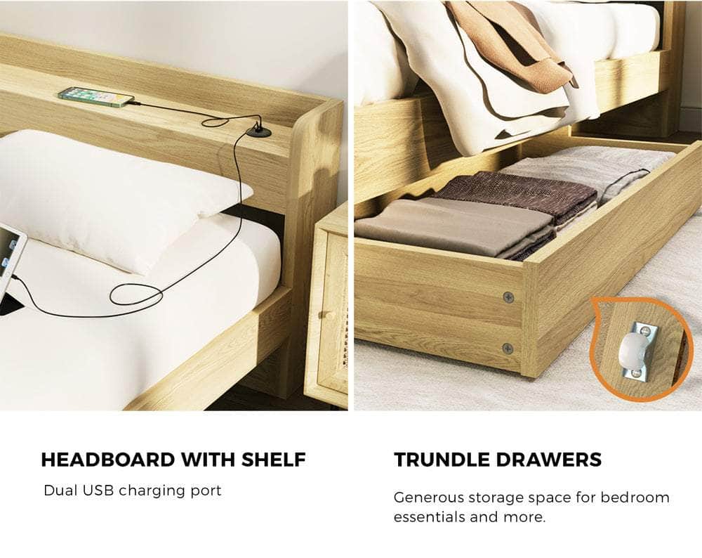Single Queen King & Double Bed Frame with USB Charging Ports & 2 Storage Drawers Bedroom Furniture