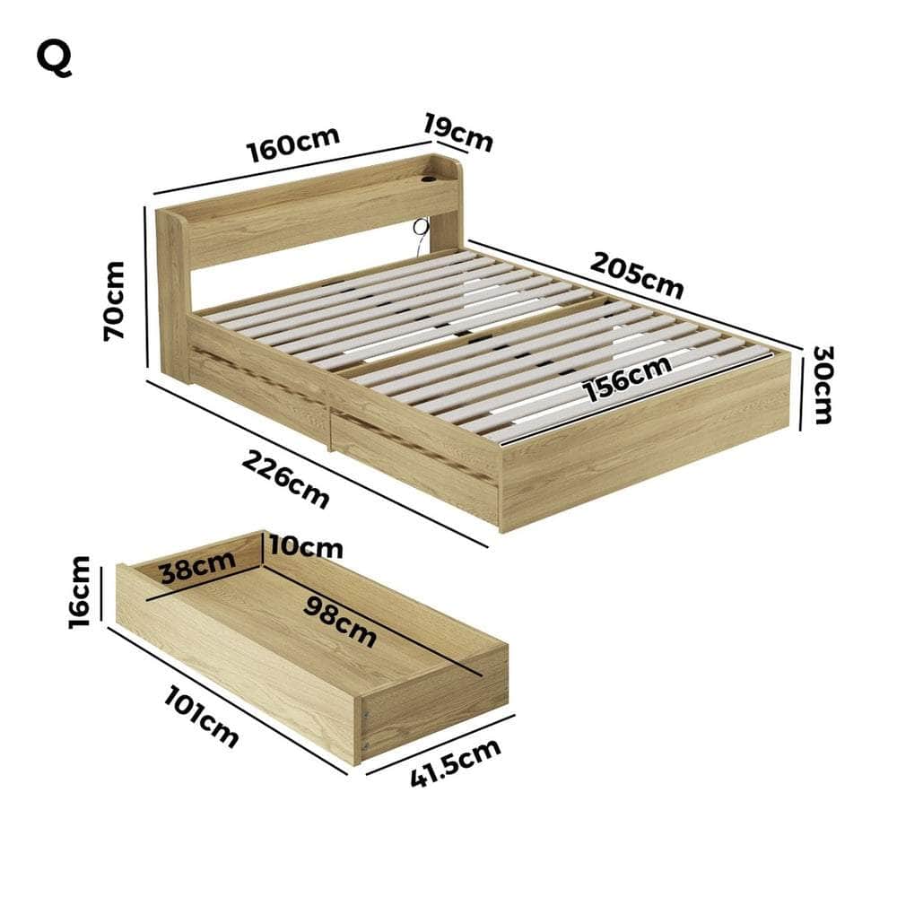 Single Queen King & Double Bed Frame with USB Charging Ports & 2 Storage Drawers Bedroom Furniture
