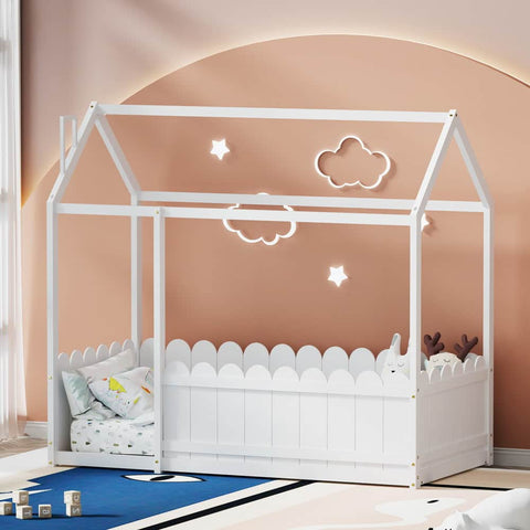 Single Size Wooden Kids House Bed Frame White Kori Playful Design