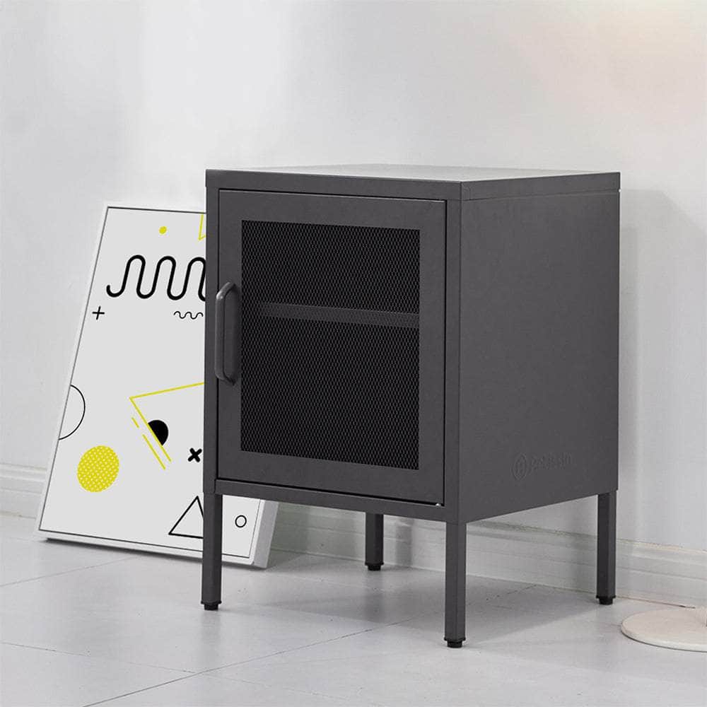 Sleek Bedside Table with Mesh Door - Black