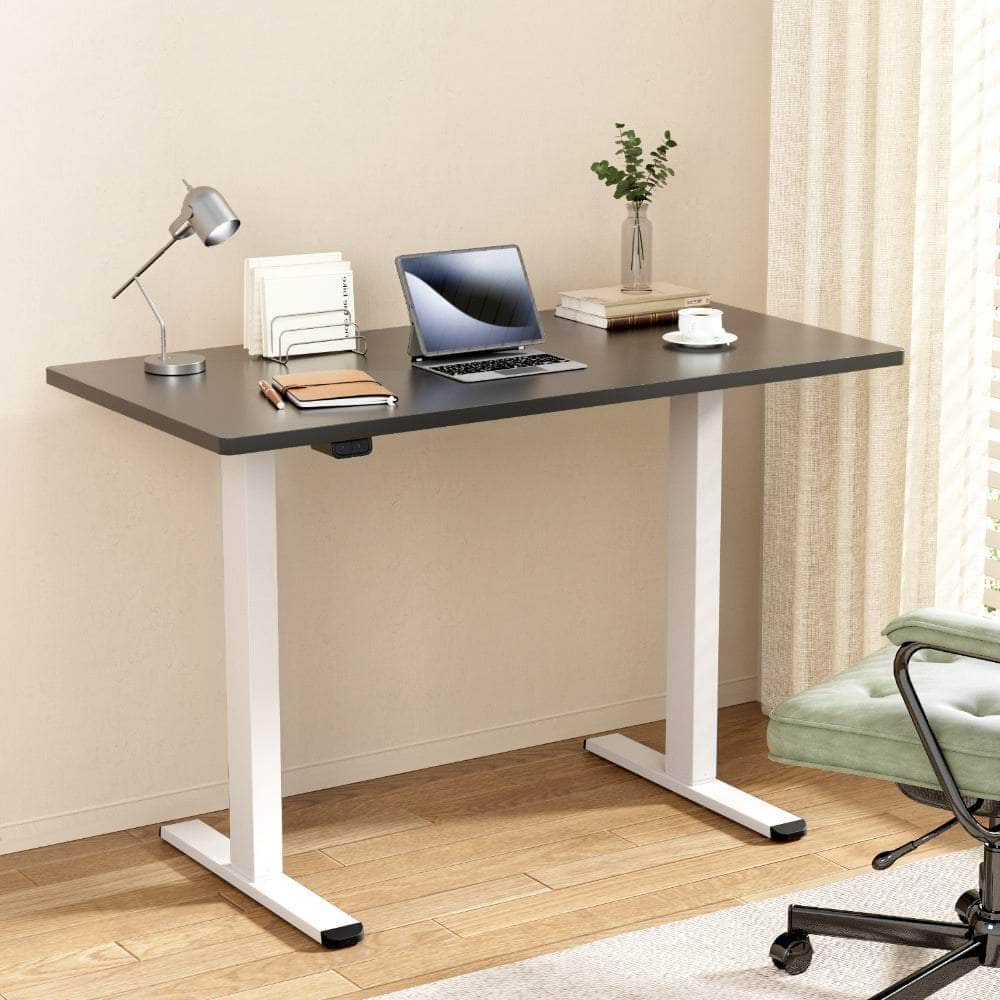 Sleek Electric Standing Desk in White, Walnut and Black - 140cm/120cm