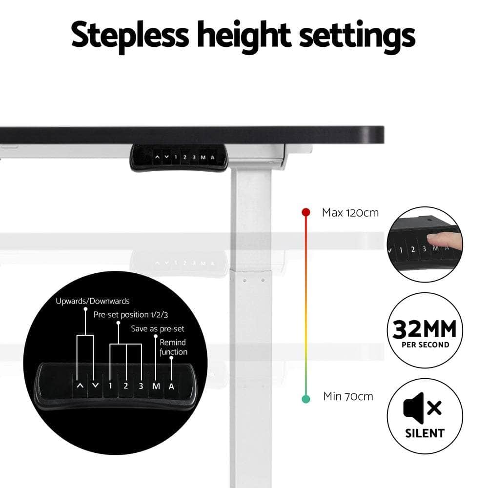 Sleek Electric Standing Desk in White, Walnut and Black - 140cm/120cm