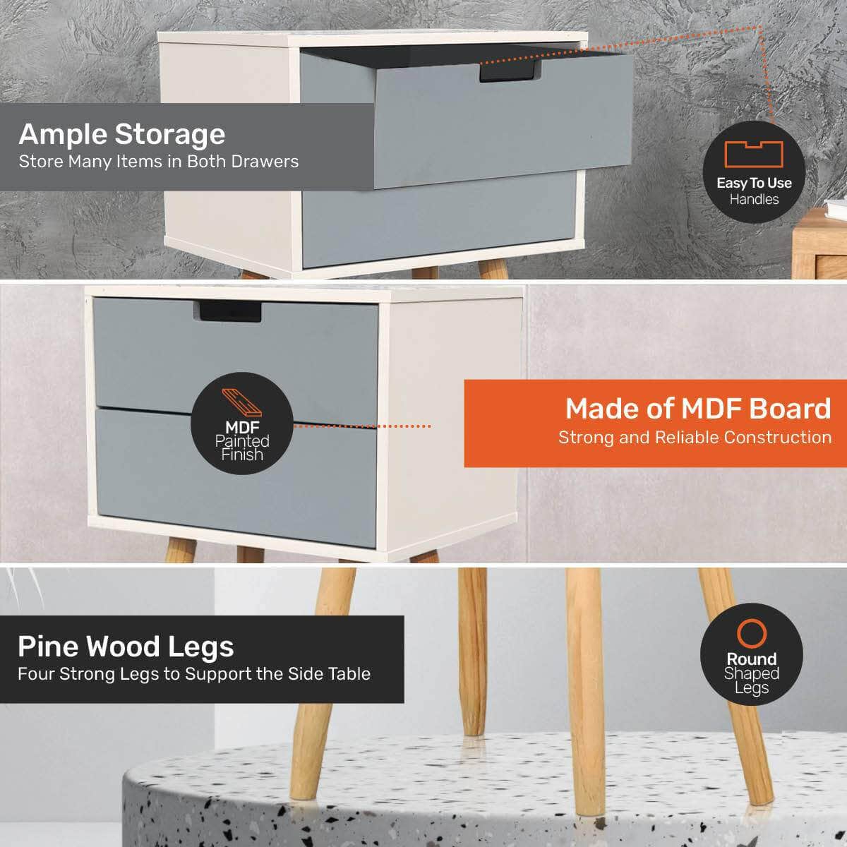 Sleek Modern 2-Drawer Side Table: Stylish Neutral Design (61cm)