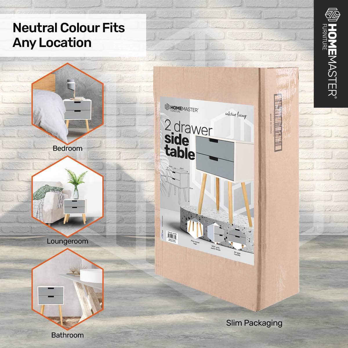 Sleek Modern 2-Drawer Side Table: Stylish Neutral Design (61cm)