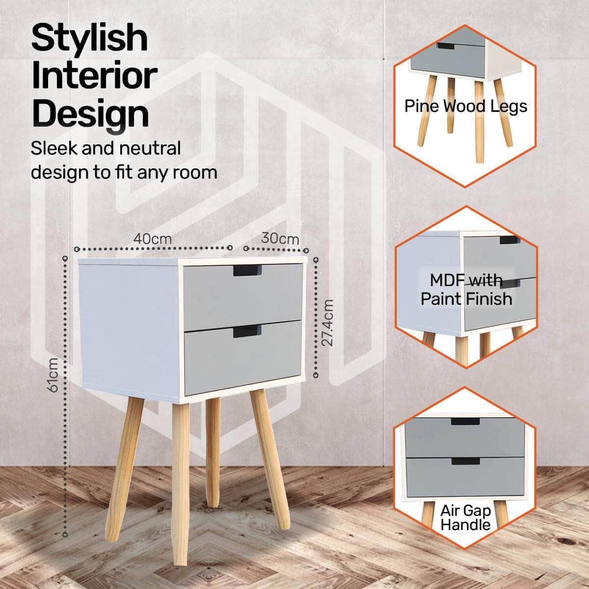 Sleek Modern 2-Drawer Side Table: Stylish Neutral Design (61cm)