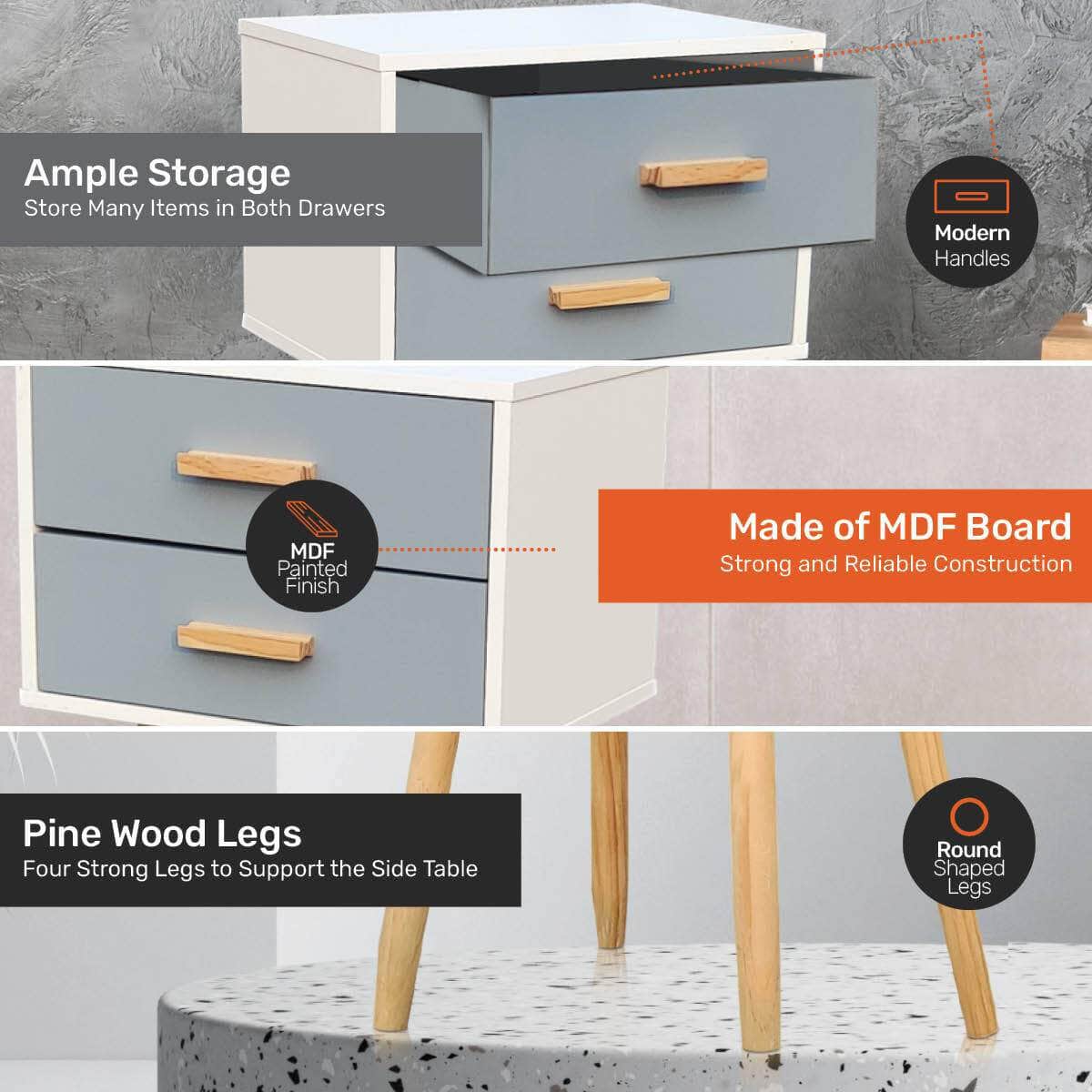 Sleek Modern 3-Drawer Side Table: Stylish Neutral Design (61cm)