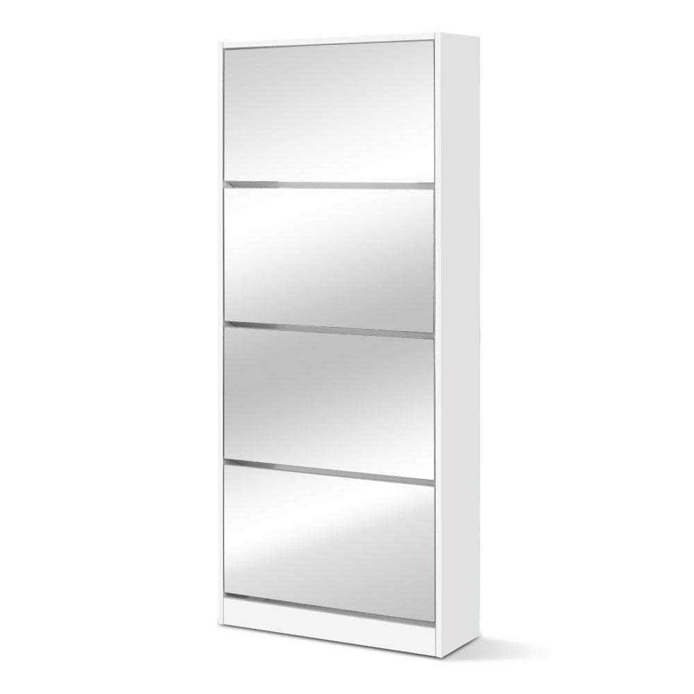 Sleek White Shoe Rack Cabinet with Mirror - 60 Pairs