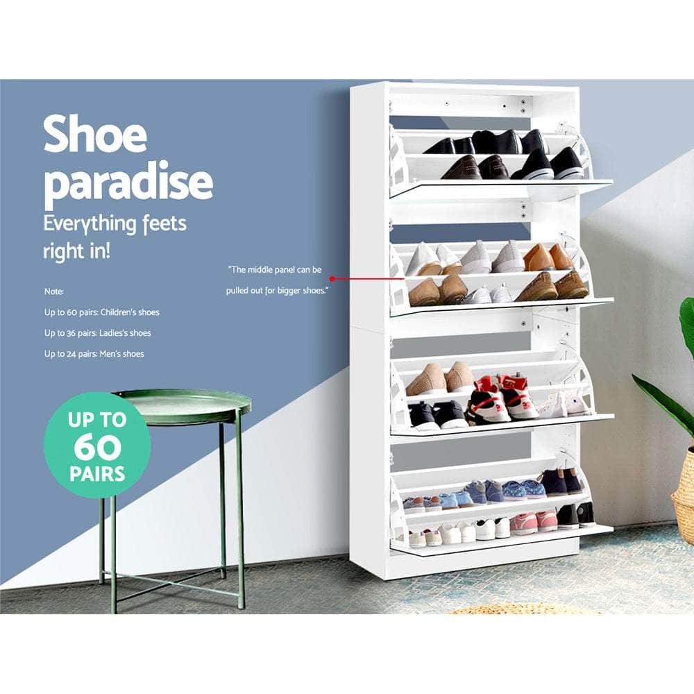 Sleek White Shoe Rack Cabinet with Mirror - 60 Pairs