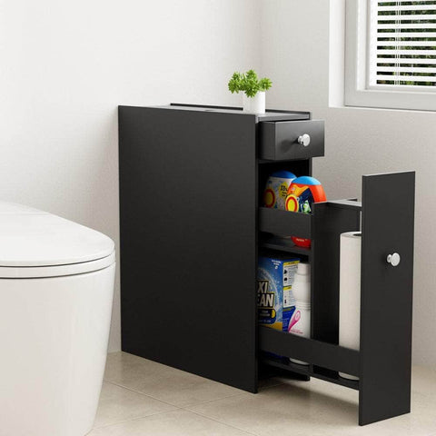 Slim Wooden Bathroom Cabinet with Tissue Box Holder - Black
