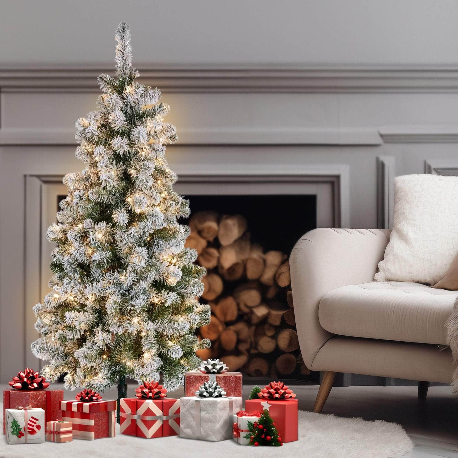 4.5ft - (137cm) Snowy Slimline Christmas Tree with Lights, dsd