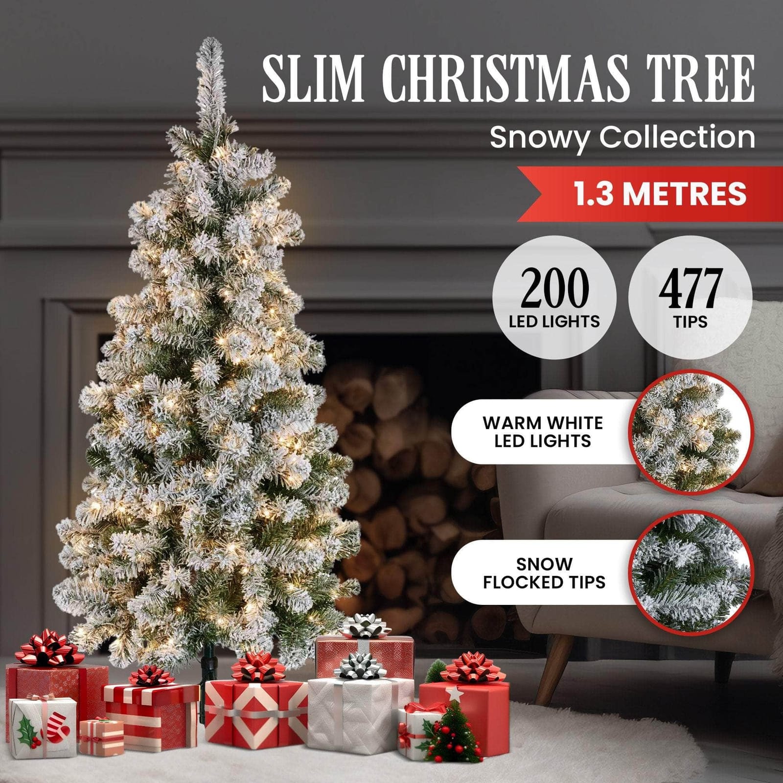 4.5ft - (137cm) Snowy Slimline Christmas Tree with Lights, 137Cm