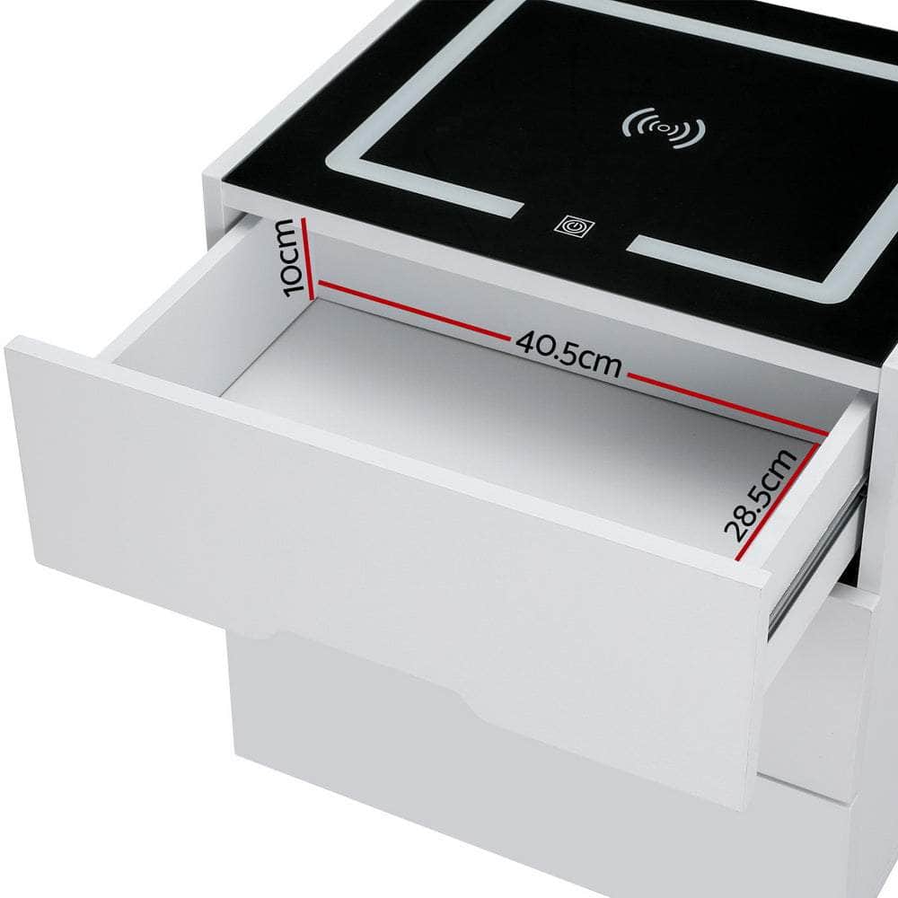 Smart Bedside Table 3 Drawers with Wireless Charging Ports LED White