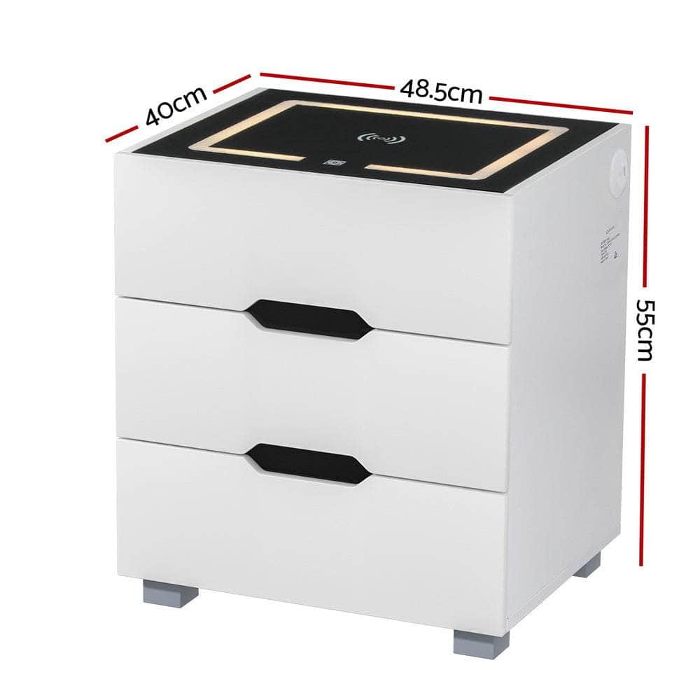 Smart Bedside Table 3 Drawers with Wireless Charging Ports LED White
