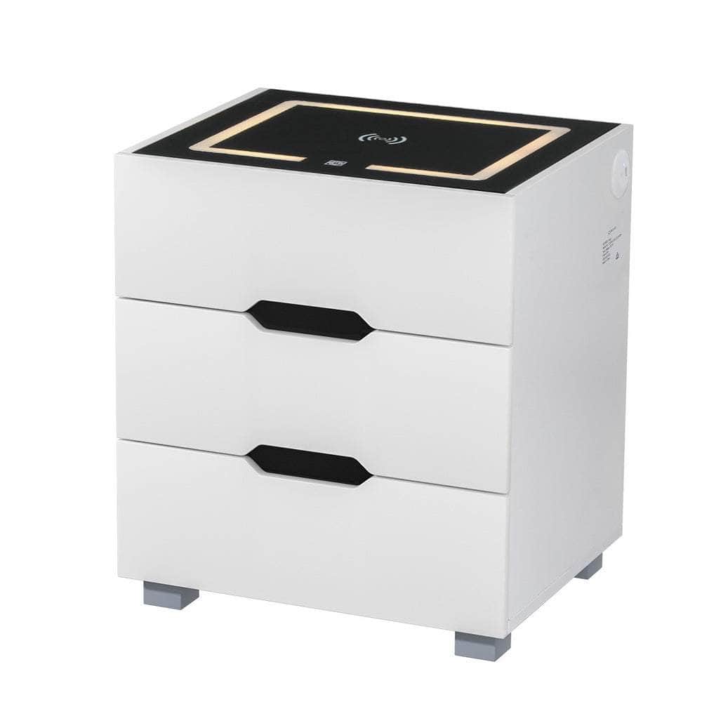 Smart Bedside Table 3 Drawers with Wireless Charging Ports LED White