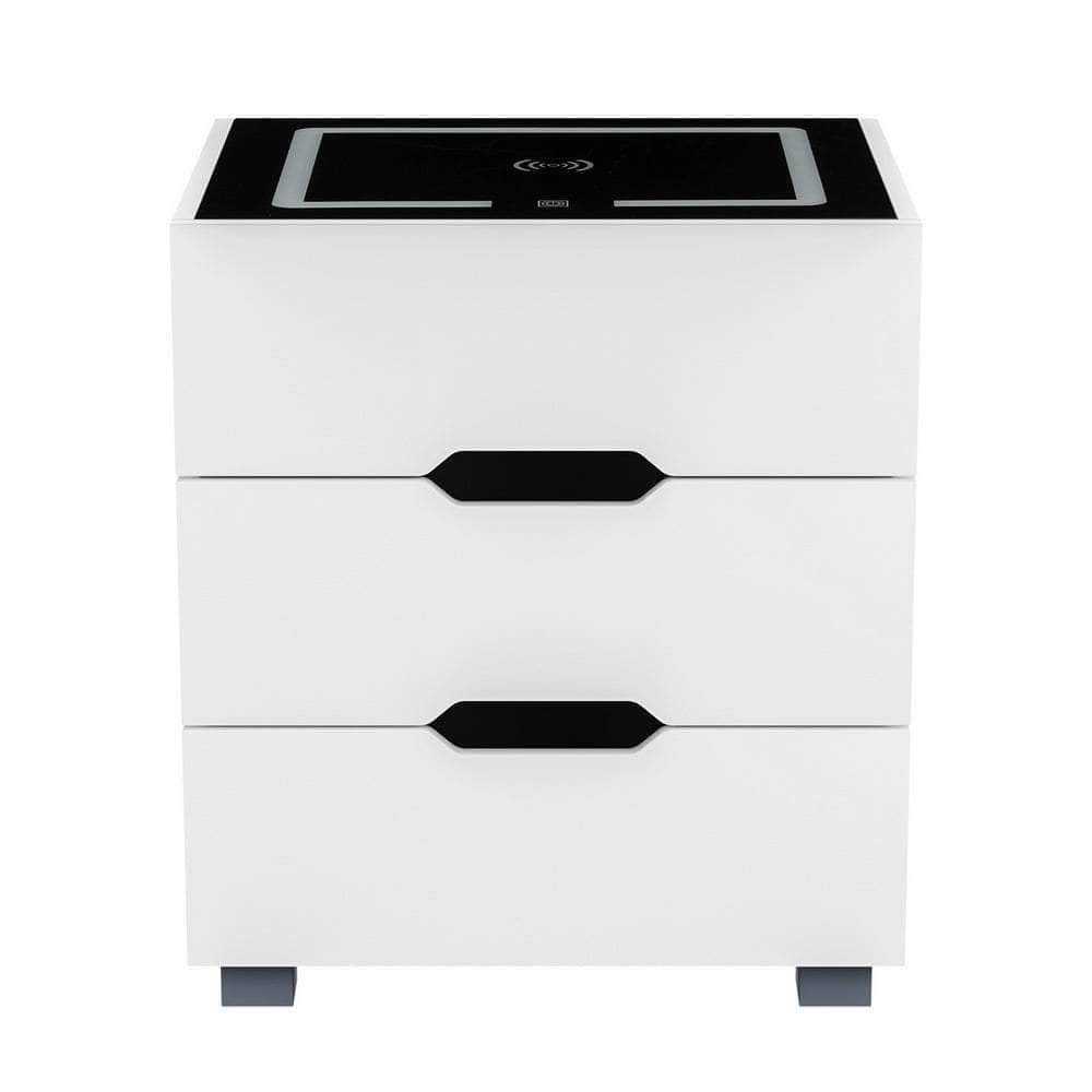 Smart Bedside Table 3 Drawers with Wireless Charging Ports LED White