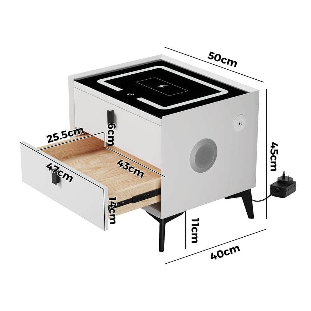 Smart Bedside Table Wireless Charging LED 2 Drawers