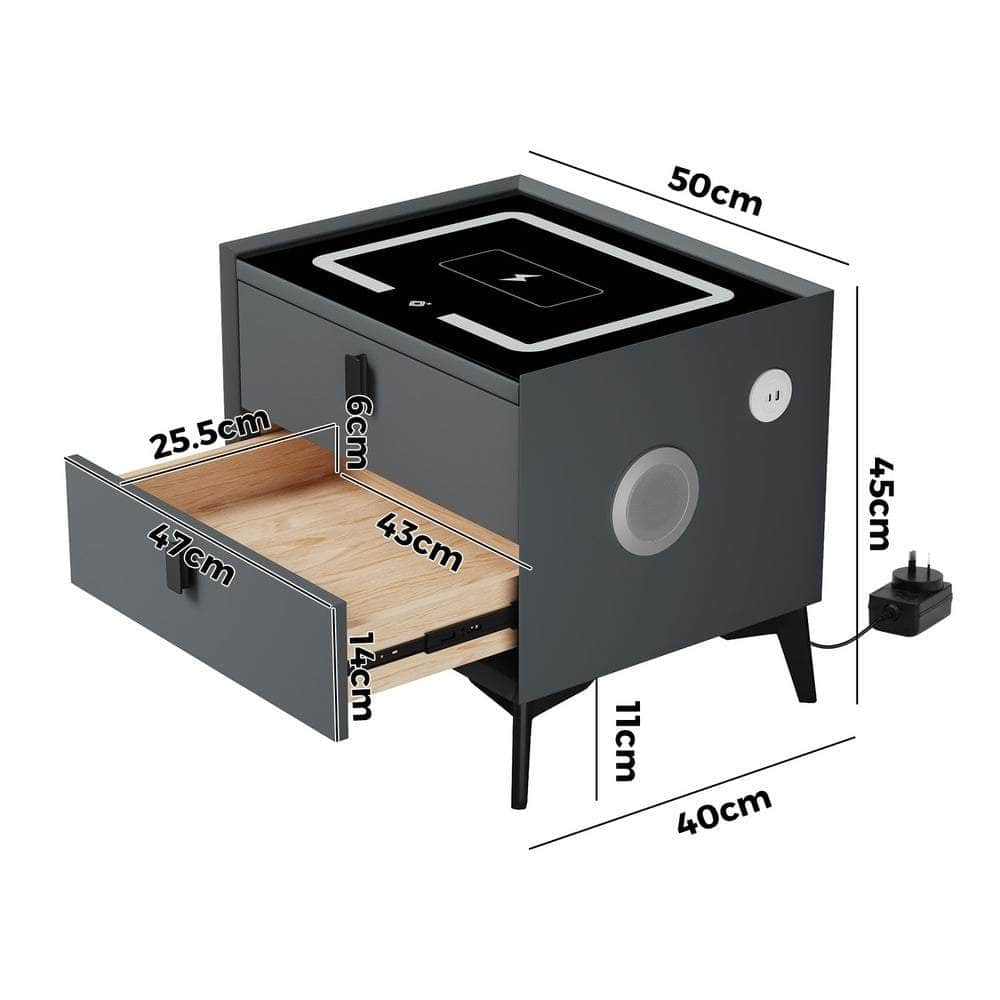 Smart Bedside Table Wireless Charging LED 2 Drawers