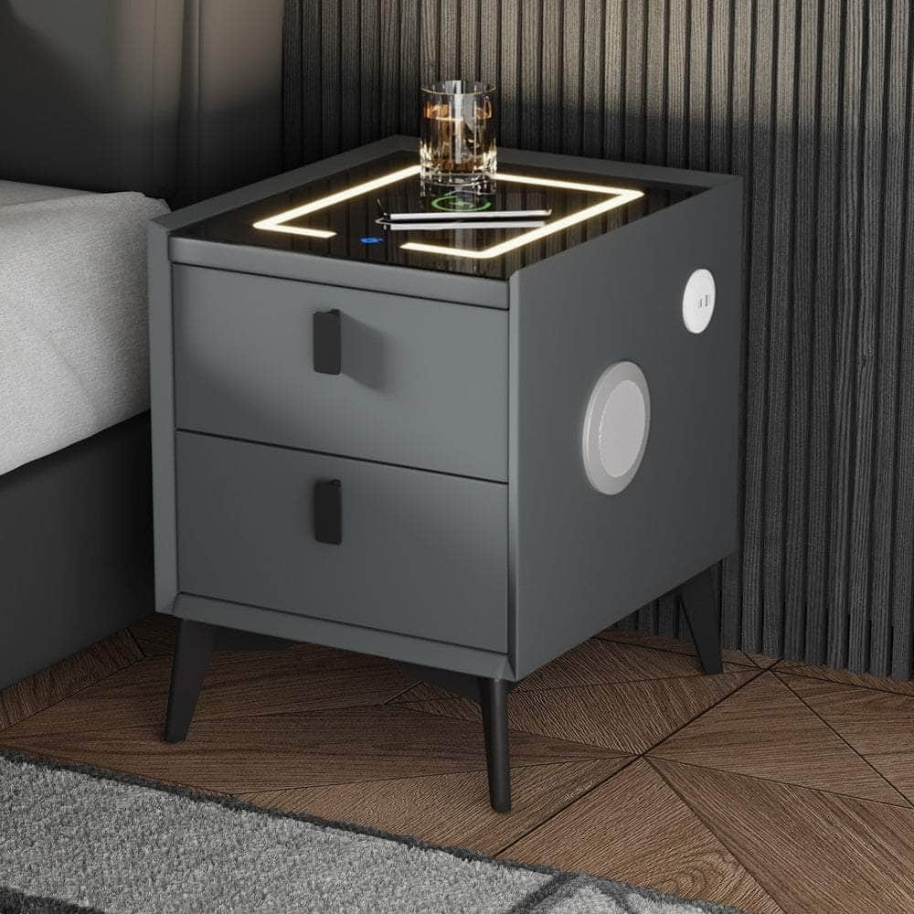 Smart Bedside Table Wireless Charging LED Lights 2 Drawers