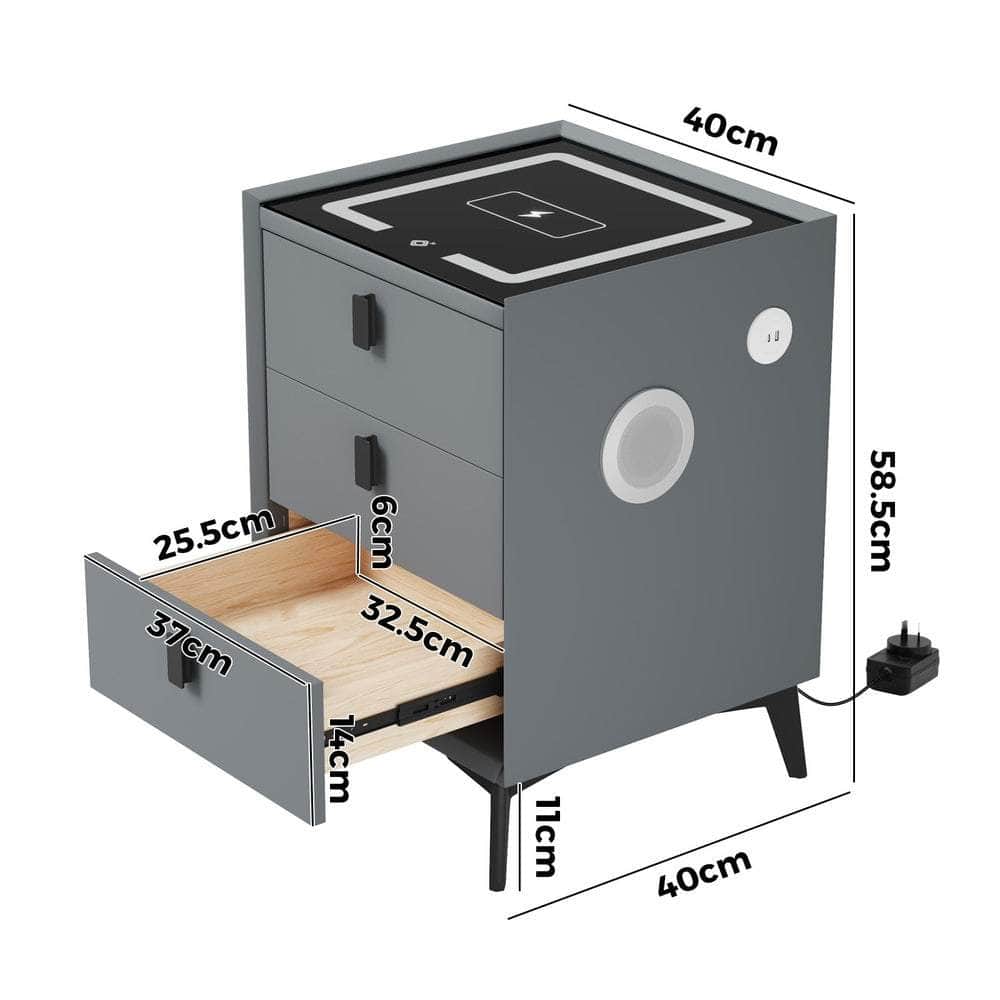 Smart Bedside Table Wireless Charging LED Lights 3 Drawers