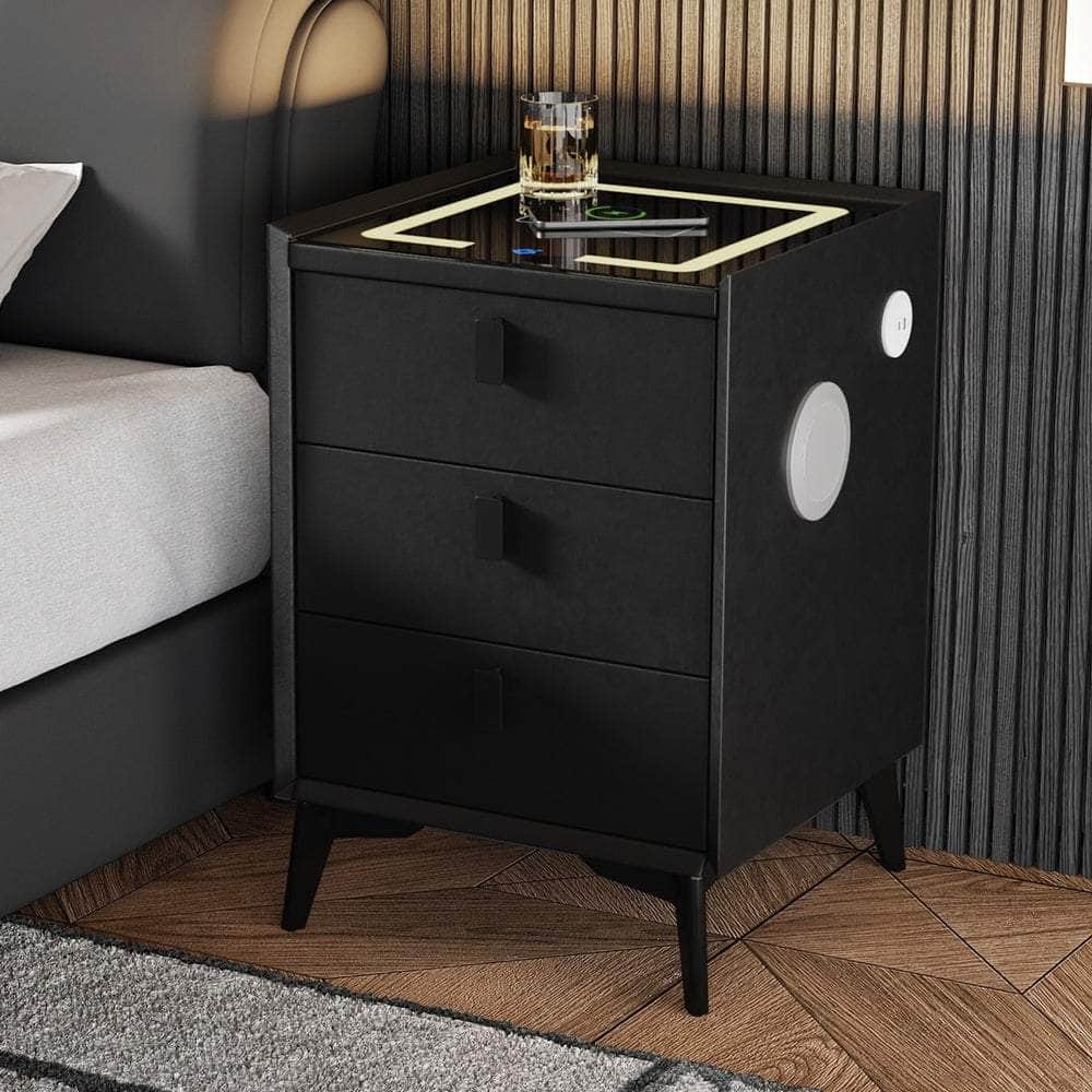 Smart Bedside Table Wireless Charging LED Lights 3 Drawers Black
