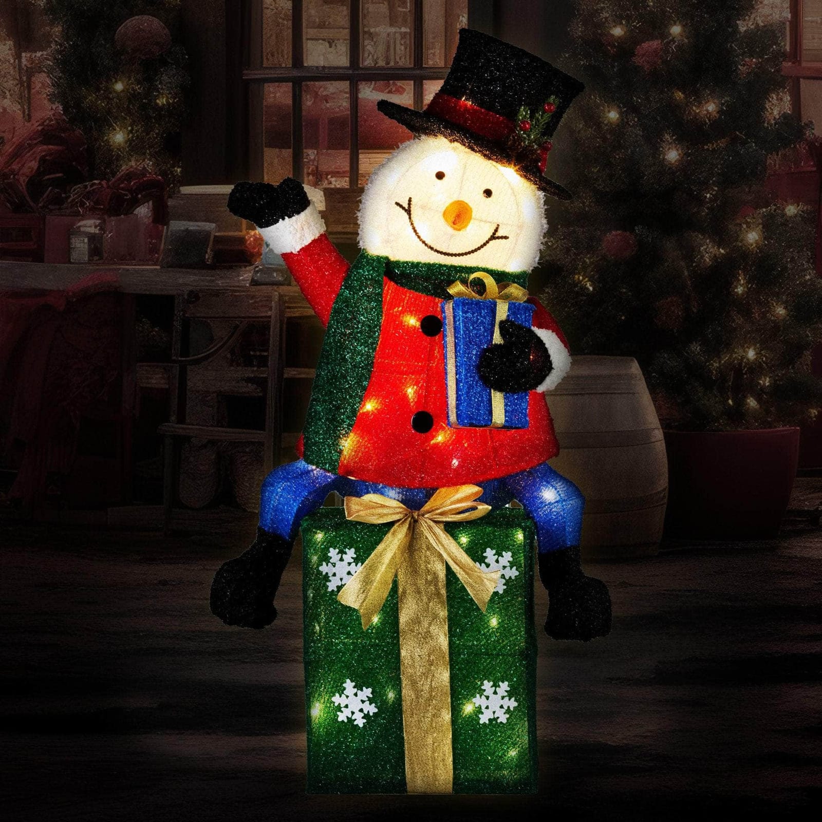 85cm Christmas Snowman On Presents Display with Lights - 85Cm