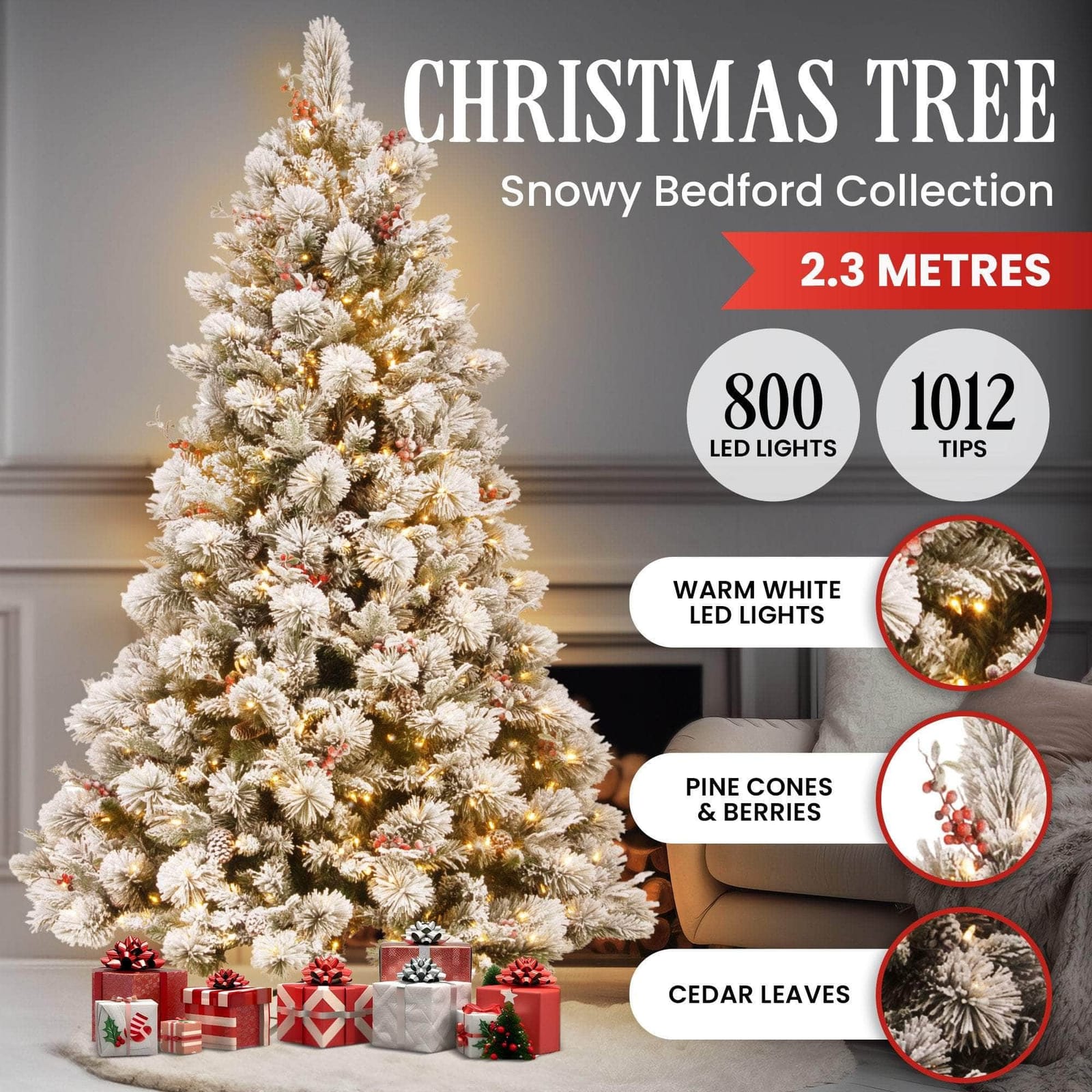 7.5ft 229cm Snowy Bedford Christmas Tree 1012 tips 800 LED Lights with 229Cm