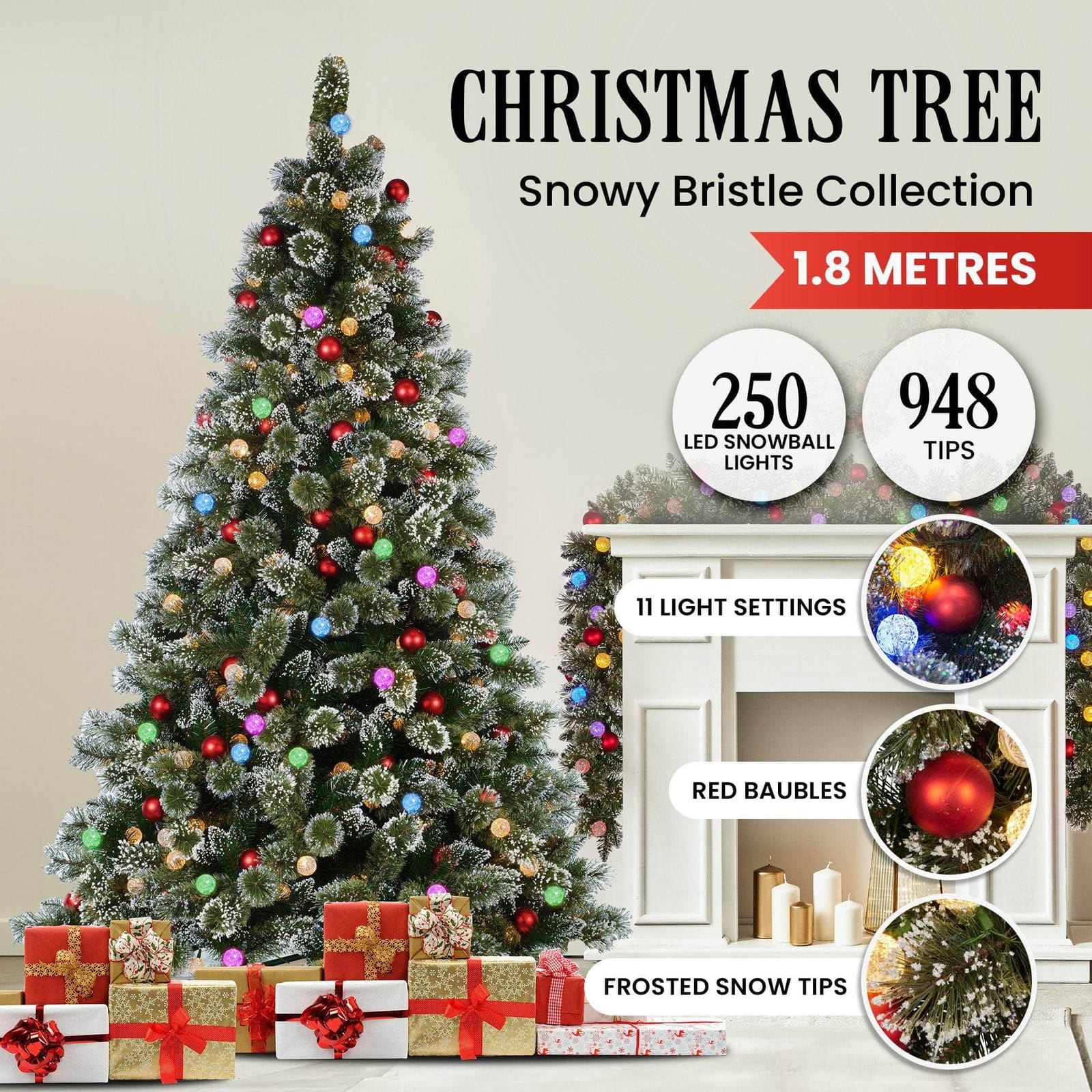 Snowy Bristle 1.8m Multicolour Pre-Lit Christmas Tree with 948 Tips, dsd - photo 12