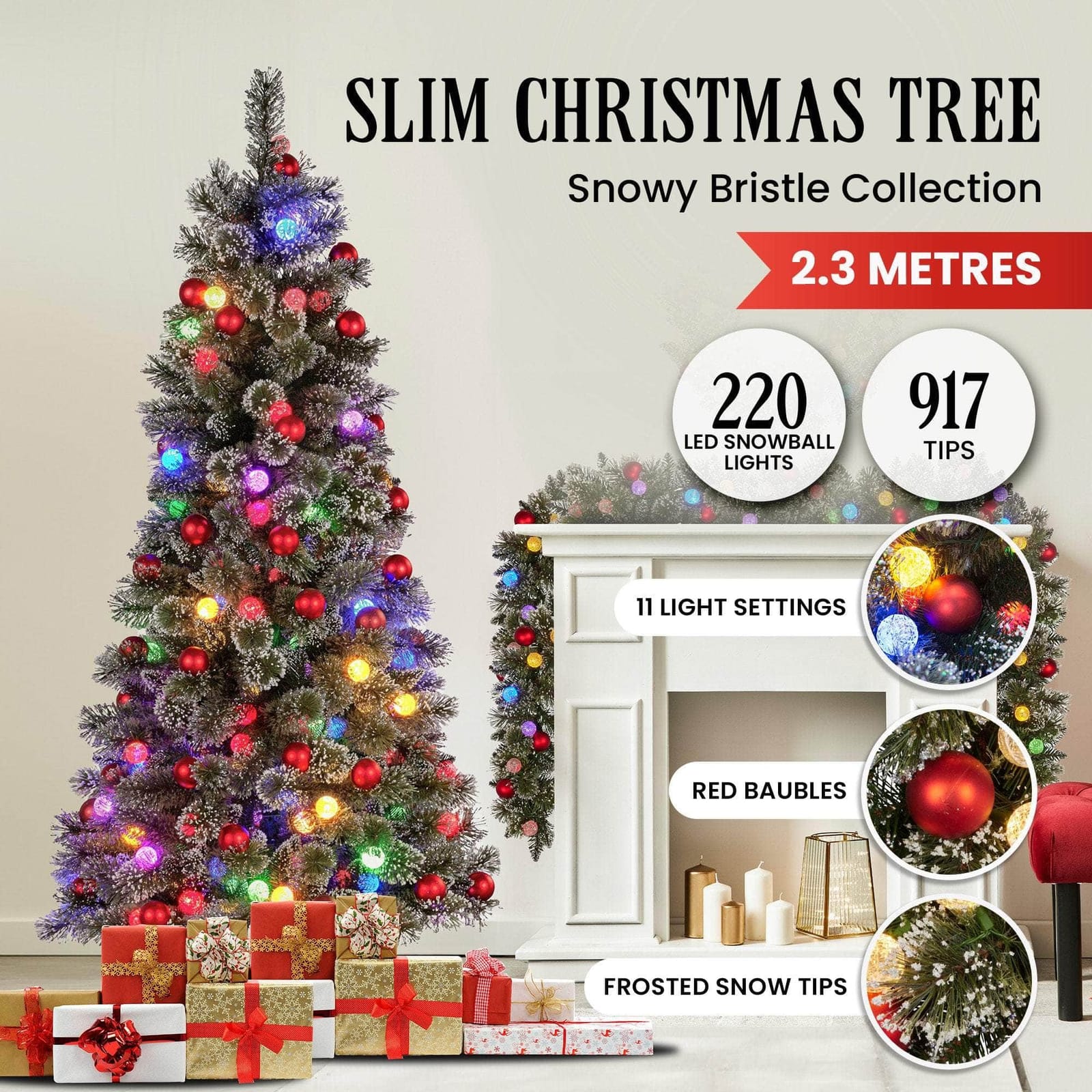 Snowy Bristle 2.3m Slim Multicolour Pre-Lit Christmas Tree with 917 Tips - dsd - photo 9