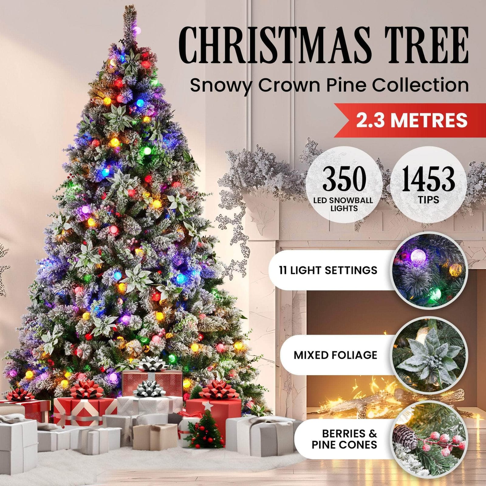 Snowy Crown Pine 2.3m Multicolour Pre-Lit Christmas Tree with 1453 Tips | dsd - photo 13