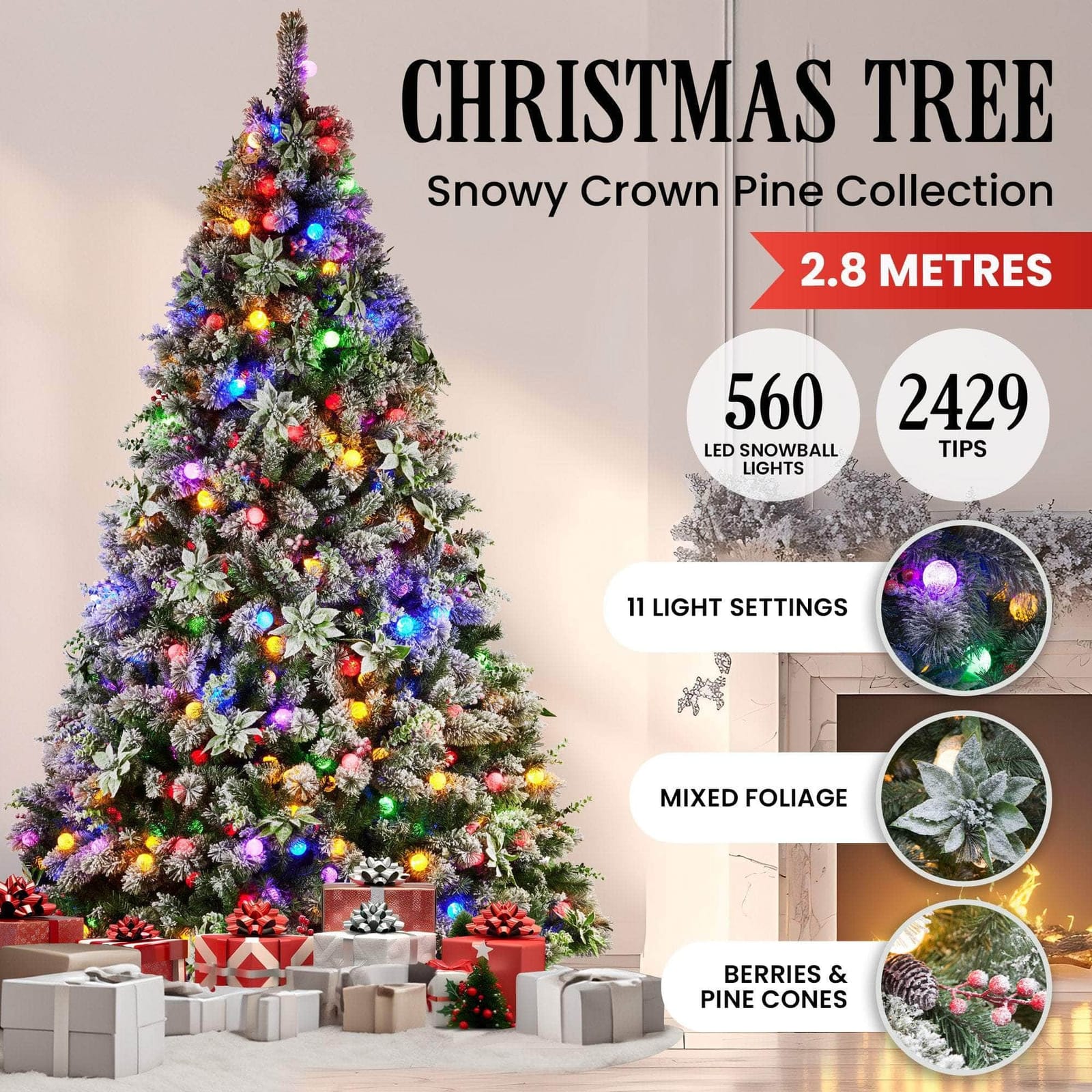 Snowy Crown Pine 2.7m Multicolour Pre-Lit Christmas Tree with 2429 Tips, Pine finish