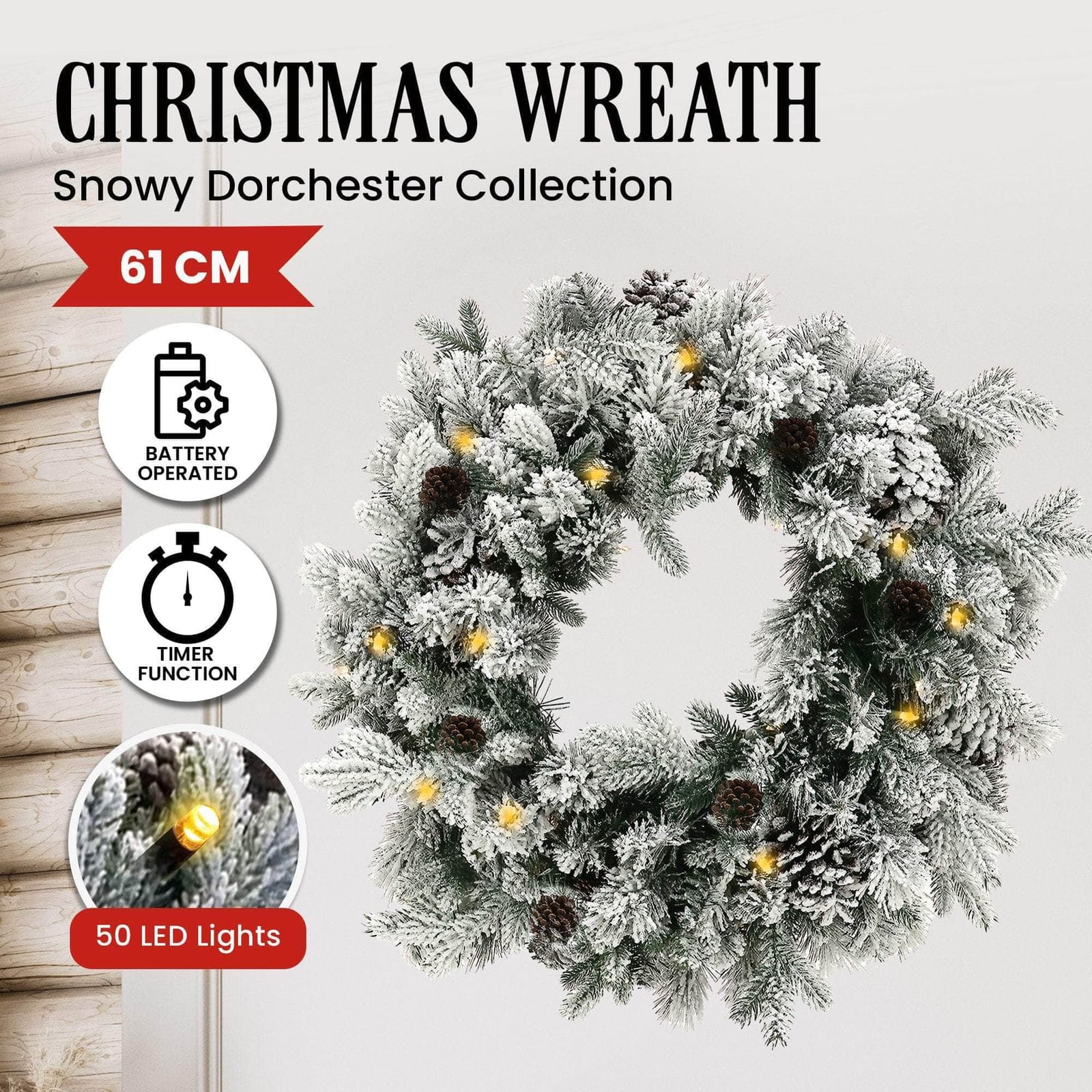 61Cm - Christmas Wreath with Lights - 61cm Snowy Dorchester - photo 12