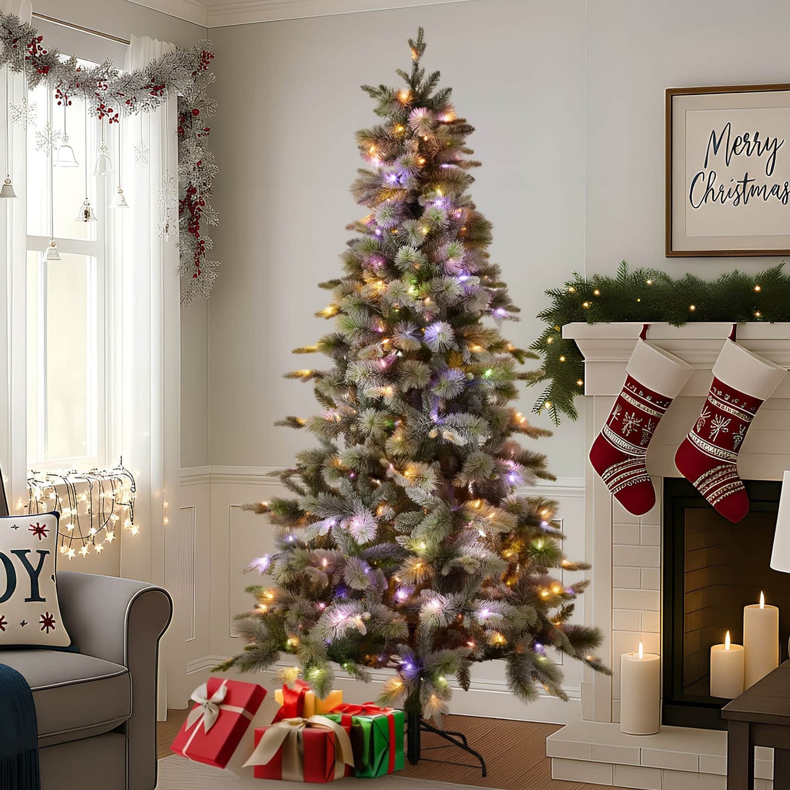 Snowy Stamford Spruce 7.5ft Christmas Tree Multi Functional White Coloured LED Lig - White colour - photo 9