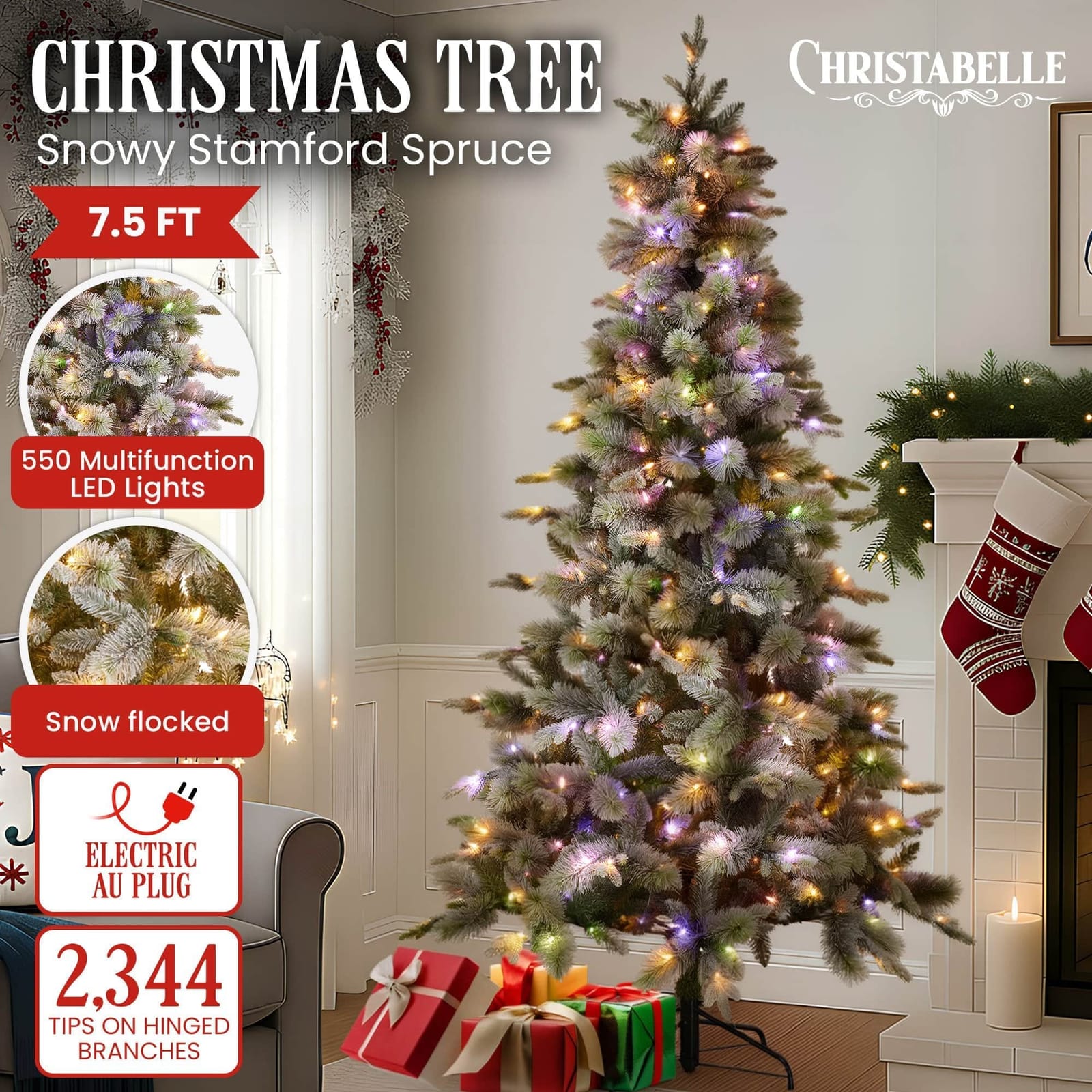 Snowy Stamford Spruce 7.5ft Christmas Tree Multi Functional White Coloured LED Lig, White colour - photo 7