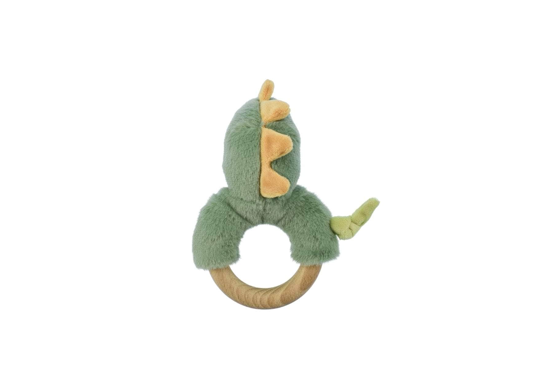 Snuggle buddy minty dinosaur wooden ring rattle