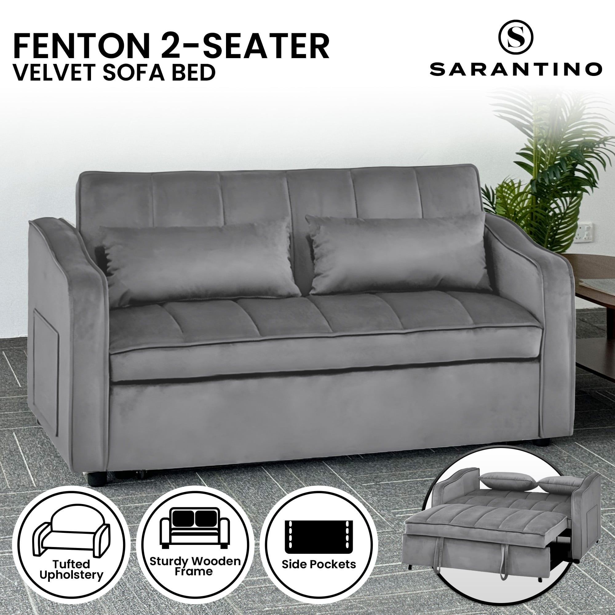 Light Black/Dark/Light grey Velvet 2-Seater Sofa Bed with Comfortable Sleeping