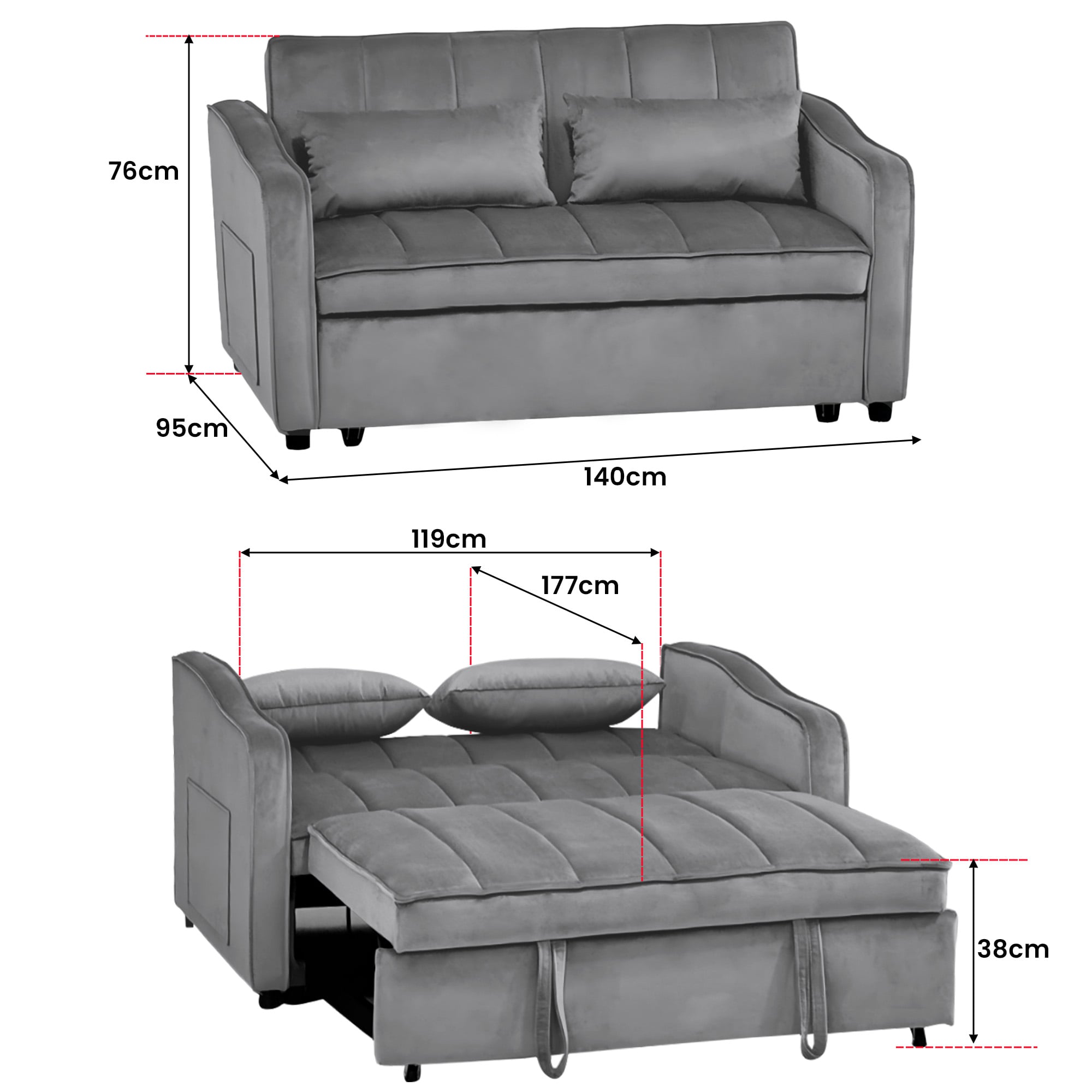 Light Black/Dark/Light grey Velvet 2-Seater Sofa Bed with Comfortable Sleeping