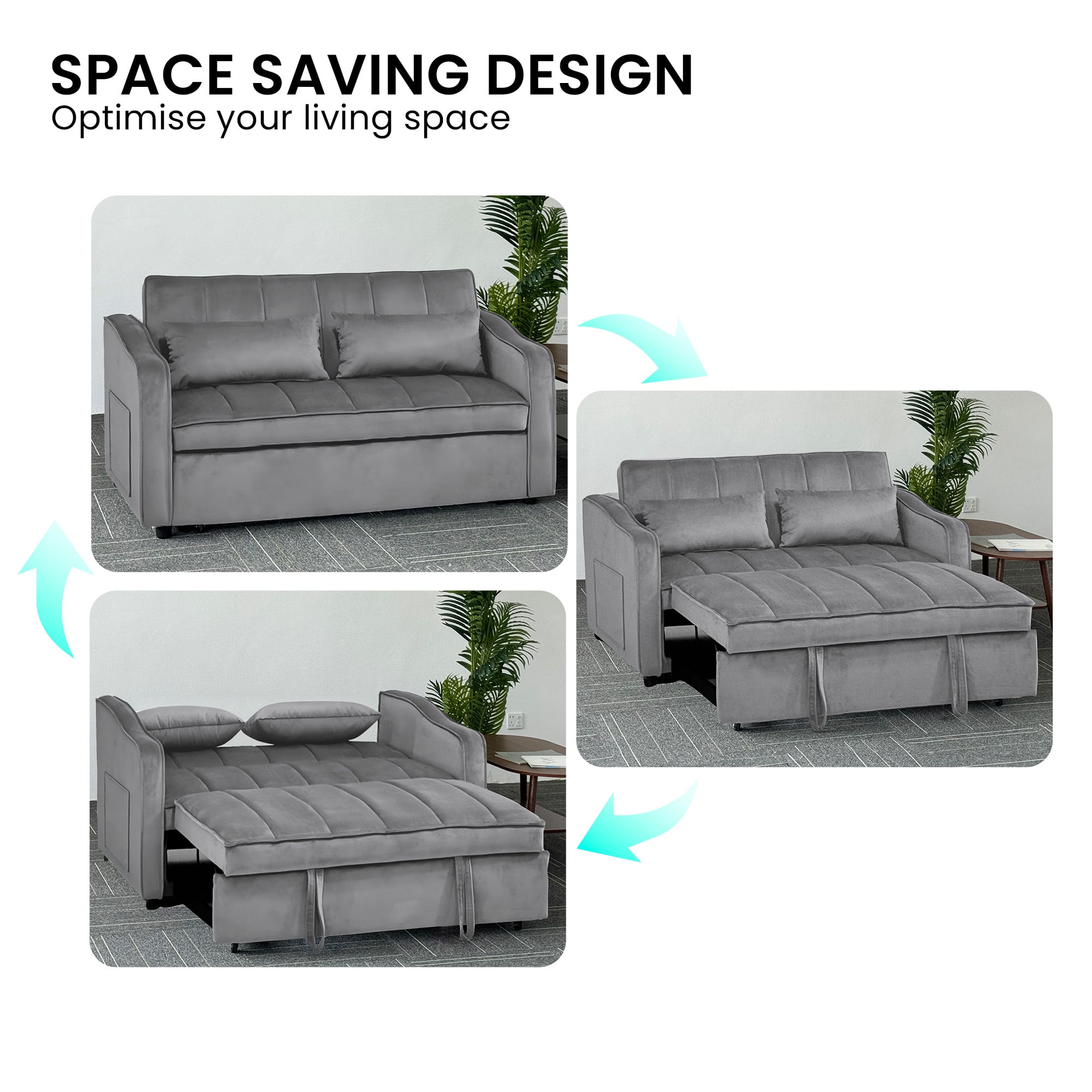 Light Black/Dark/Light grey Velvet 2-Seater Sofa Bed with Comfortable Sleeping