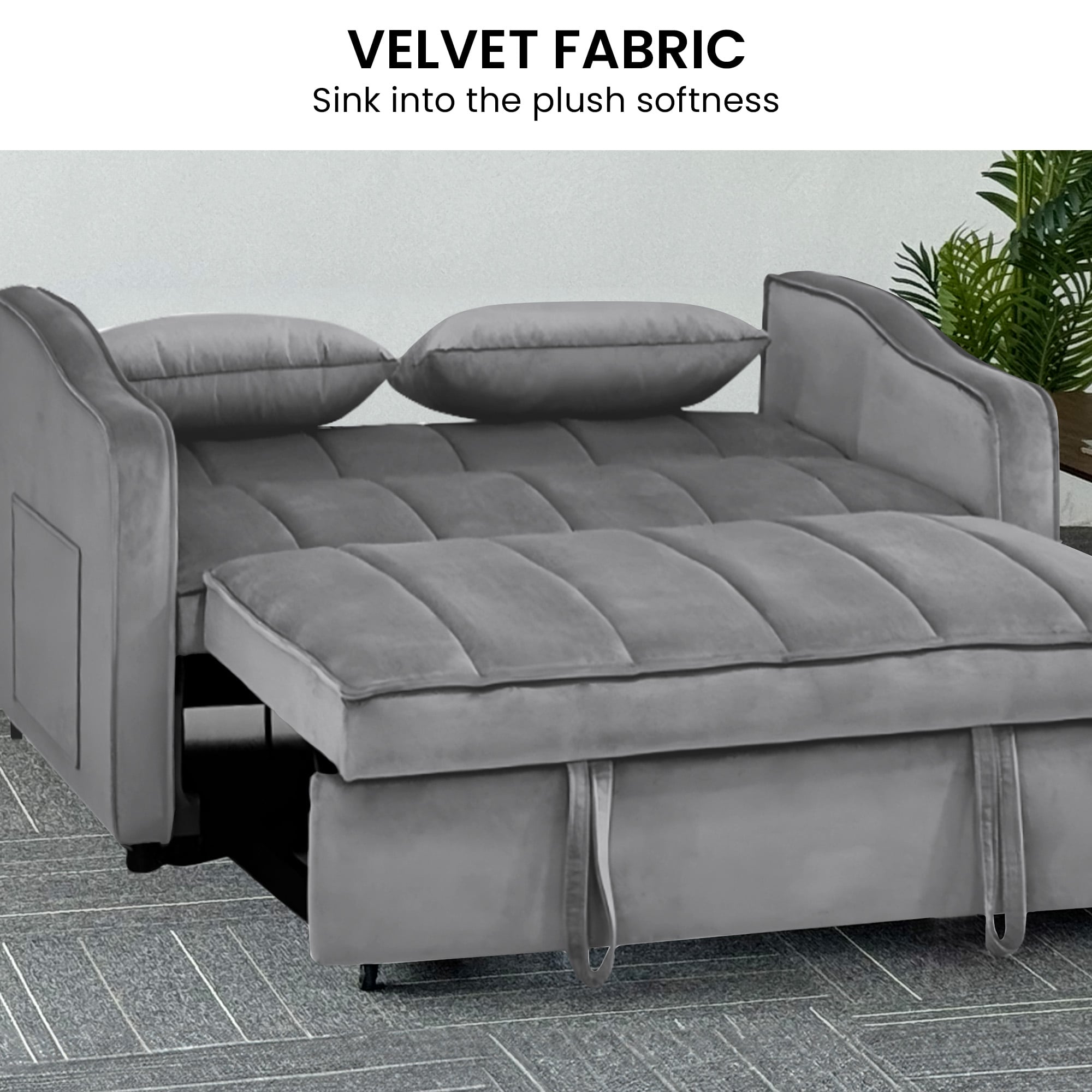 Light Black/Dark/Light grey Velvet 2-Seater Sofa Bed with Comfortable Sleeping