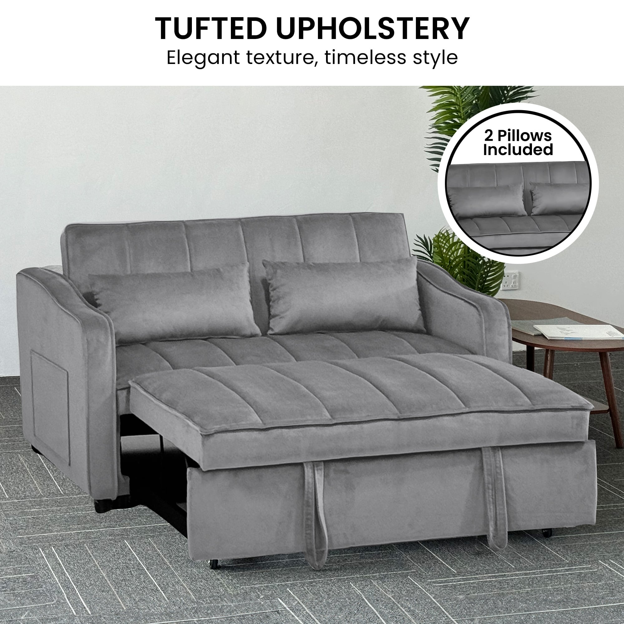Light Black/Dark/Light grey Velvet 2-Seater Sofa Bed with Comfortable Sleeping