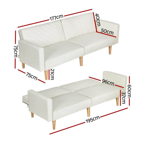 Sofa Bed 195Cm Beige Faux Linen