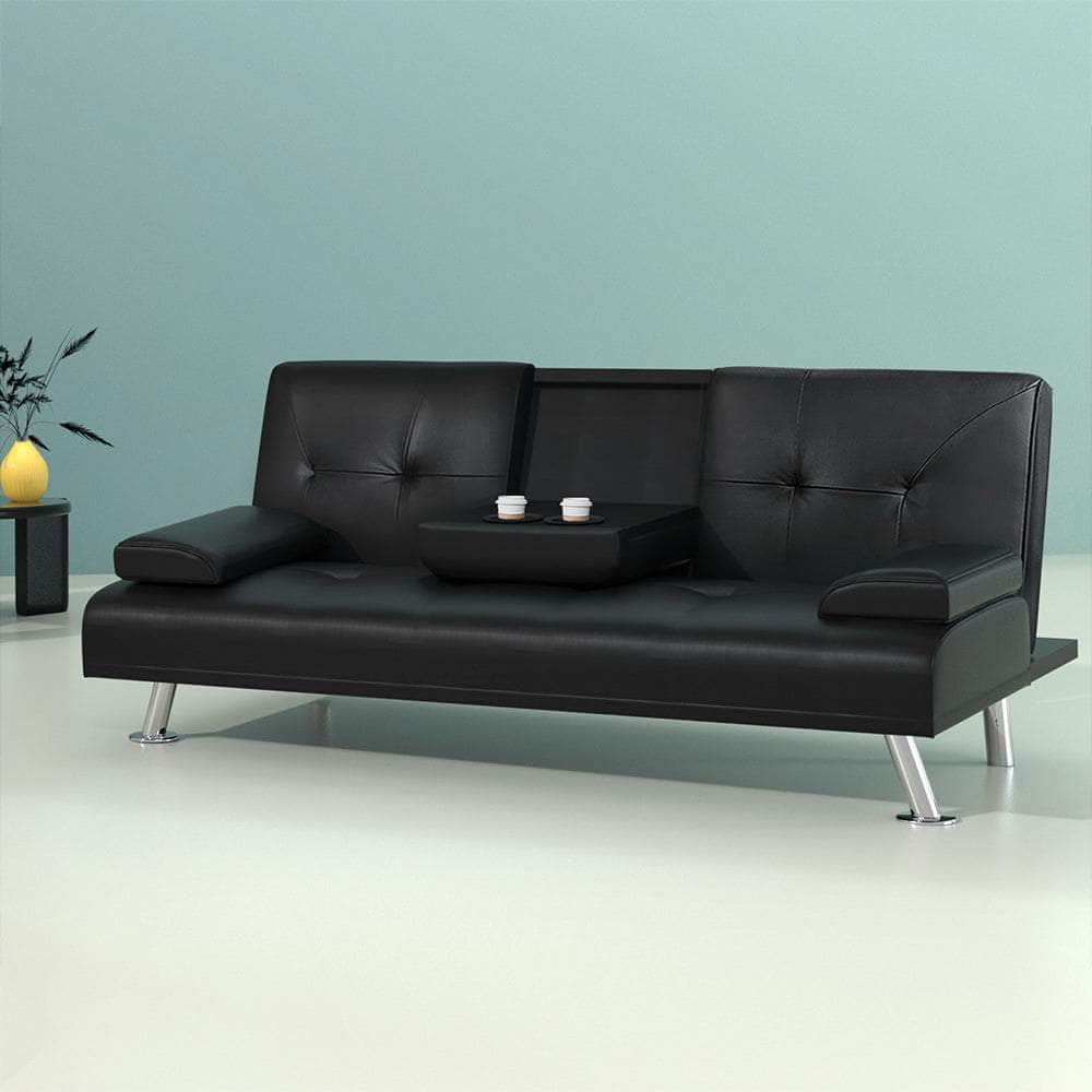 Sofa Bed Lounge Convertible Leather Couch Bed 3 Seater Cupholder Recliner