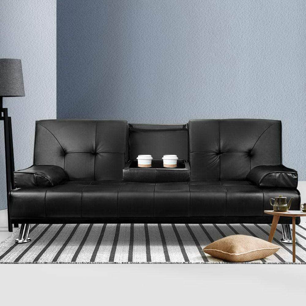 Sofa Bed Lounge Convertible Leather Couch Bed 3 Seater Cupholder Recliner