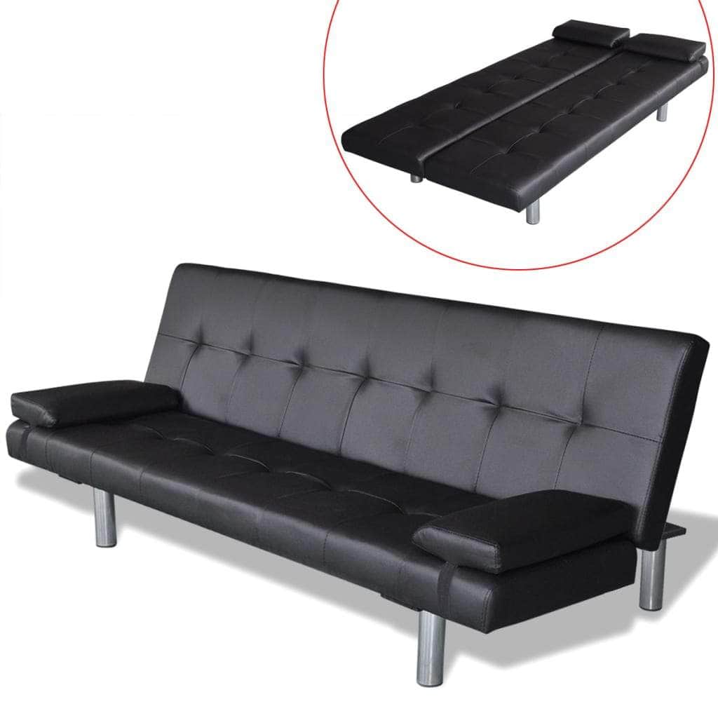 Sofa Bed with Two Pillows Artificial Leather Adjustable Black