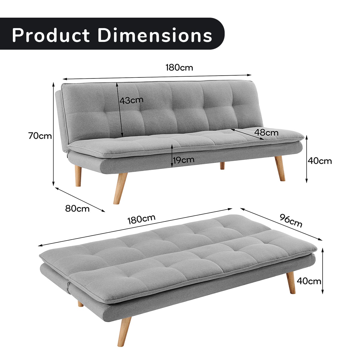 Grey 3 Seater Sofa Bed 180x80x70cm