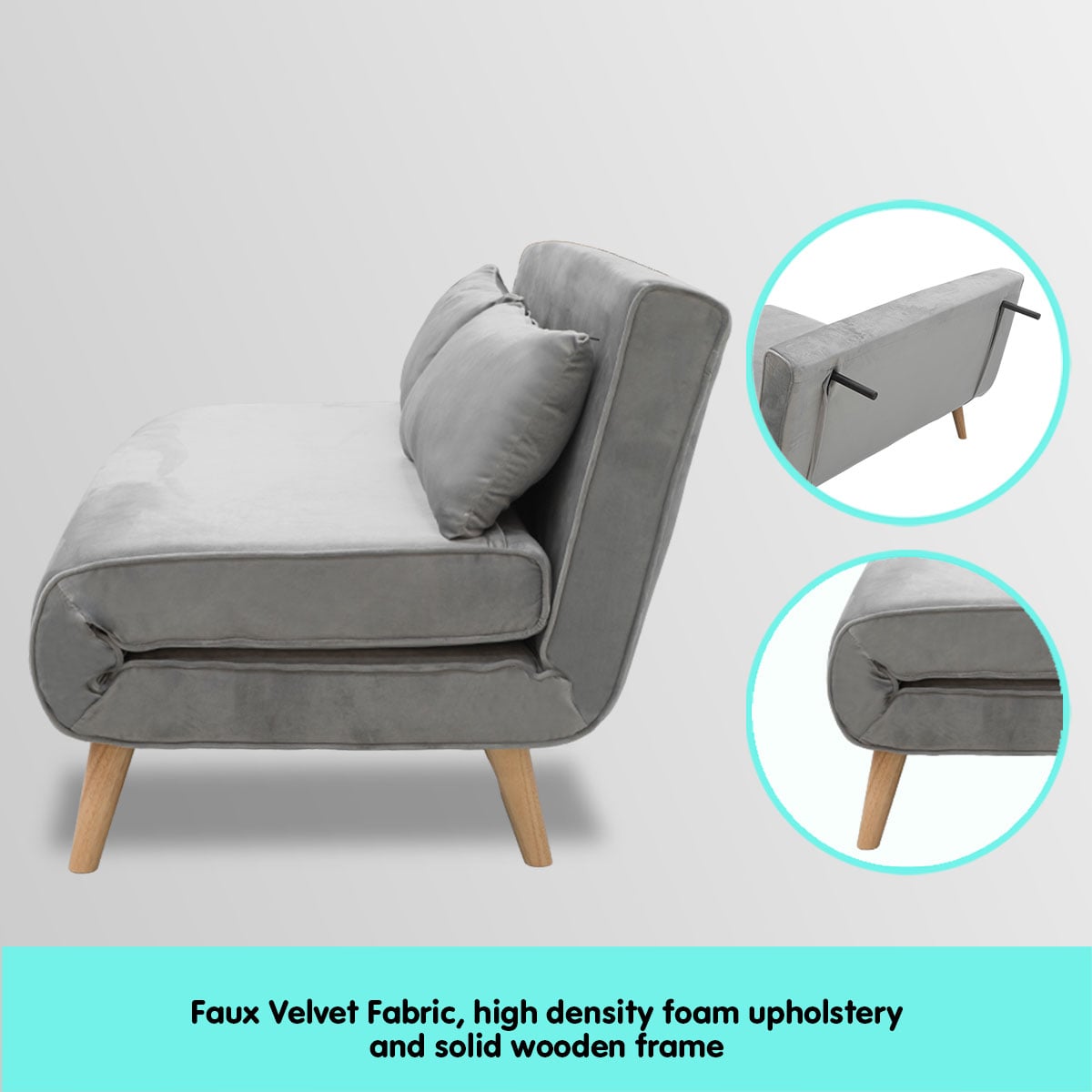 Grey Velvet Sofa Bed Lounge 121x80x75cm