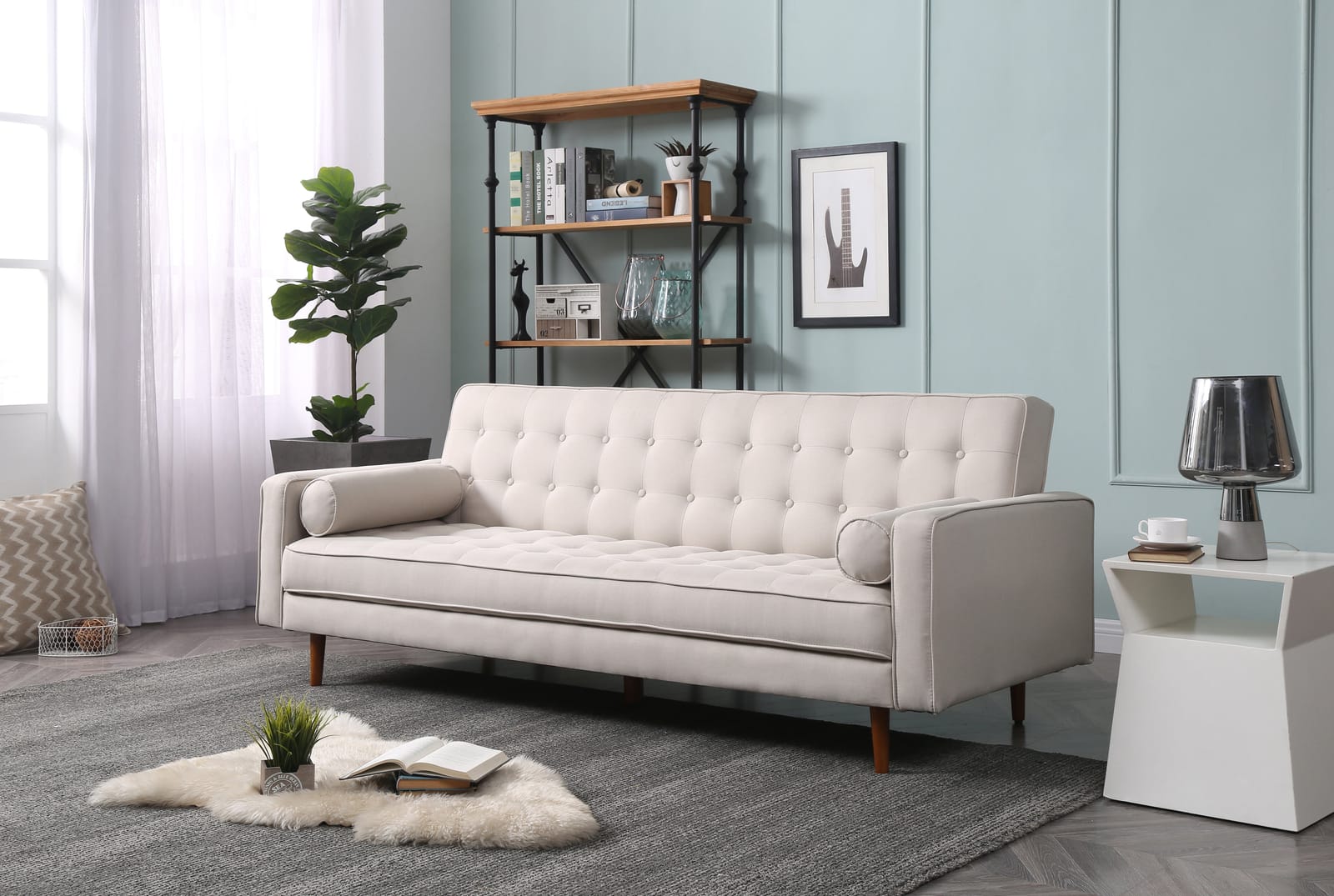 Marcella Standard - Beige Fabric 3-Seater Button-Tufted Sofa Bed